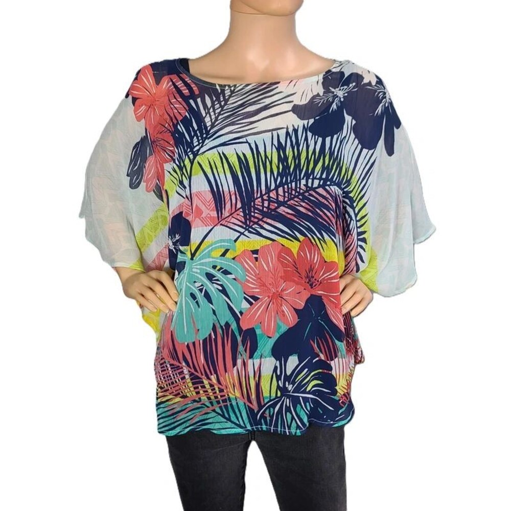 Ruby Rd Women's Medium Tropical Floral Palm Print Chiffon Flutter Sleeve Blouse